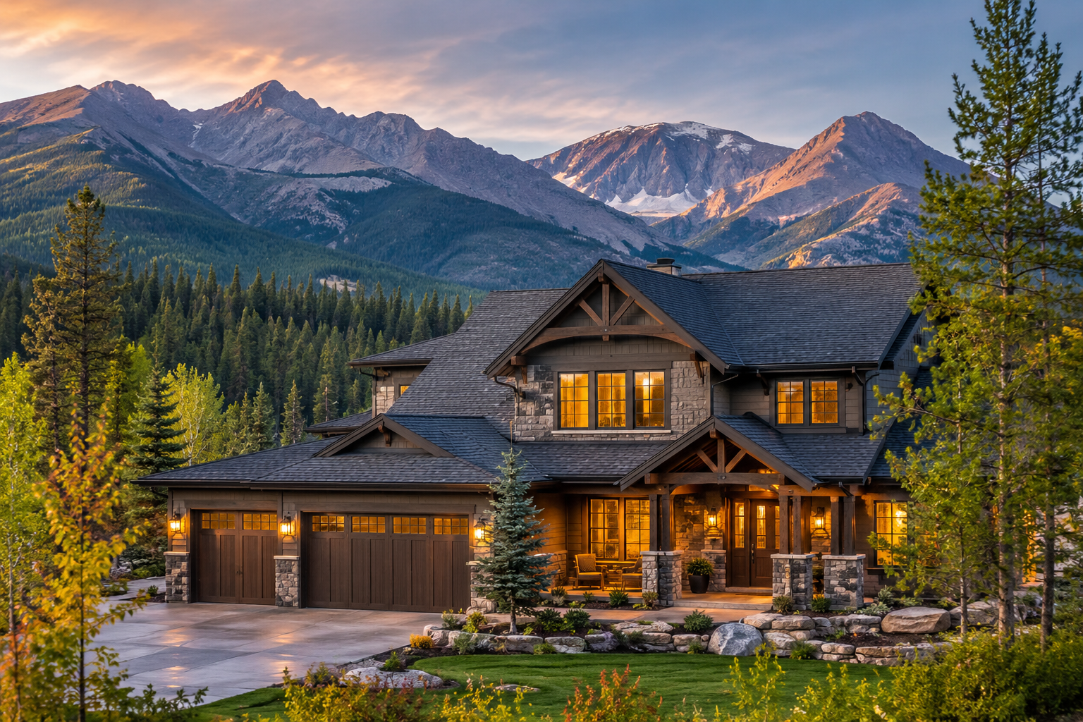 Distinct Building & Design custom mountain home at sunset in Colorado